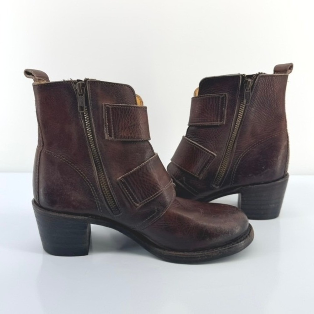 VTG FRYE Sabrina Double Buckle Boot Brown Leather Moto Biker USA 7.5M Resoled